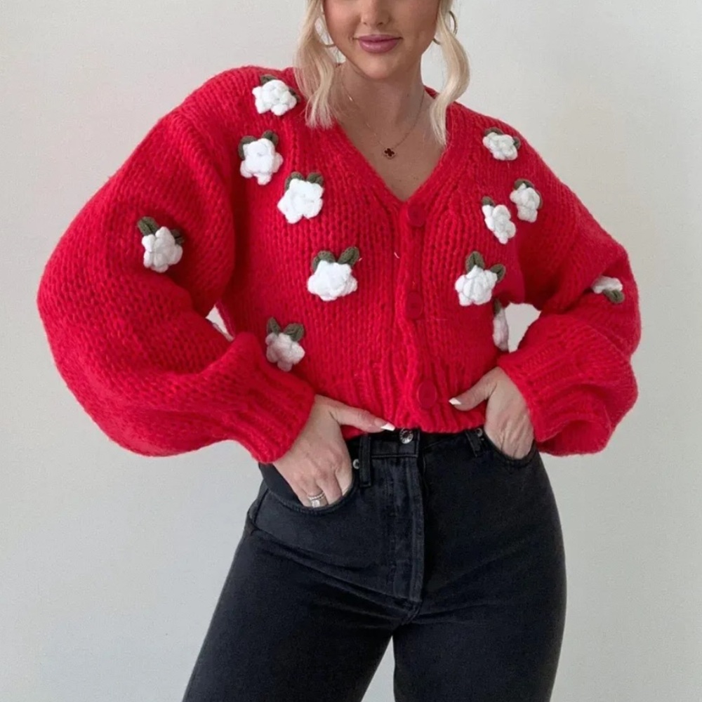 3D Floral Red Sweater